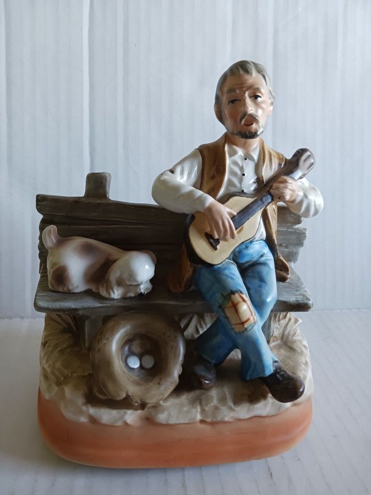 Music Figure - Beggar With His Dog - Vintage Sankyo - Japan- Porcelain 