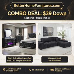 Black Bedroom Set and Charcoal Sectional Sofa Combo- shop now pay later