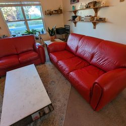 Genuine Red Leather Couch And Loveseat