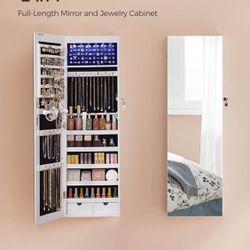 Hanging Jewelry Cabinet, Wall-Mounted Cabinet with LED Interior Lights, Door-Mounted Jewelry Organizer, Full-Length Mirror, Gift Idea, Wh
