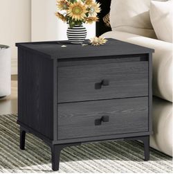 Nightstand with Drawers, Wood Bedside Table Farmhouse 2 Drawer End Table for Bedroom, Boho Night Stand Small Sofa Side Table for Living Room, Black