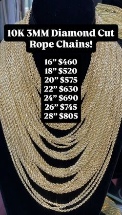 10K 3MM Rope Chain Diamond Cut 