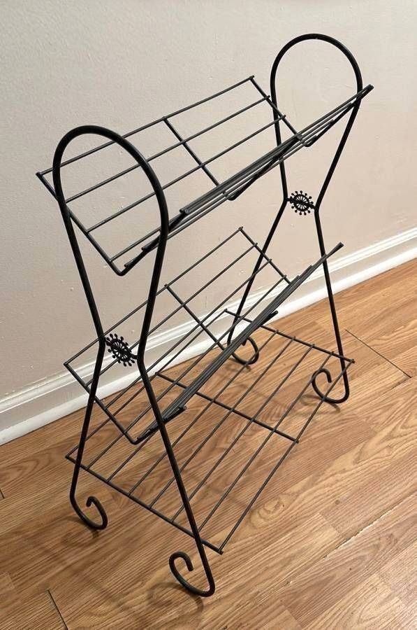 Vintage Mid Century Modern MCM Iron Wired V Shelves Starburst Detail Record Rack Stand