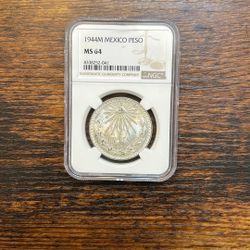 1944 MEXICO UN PESO! NGC MS- 64! 🔥🇲🇽