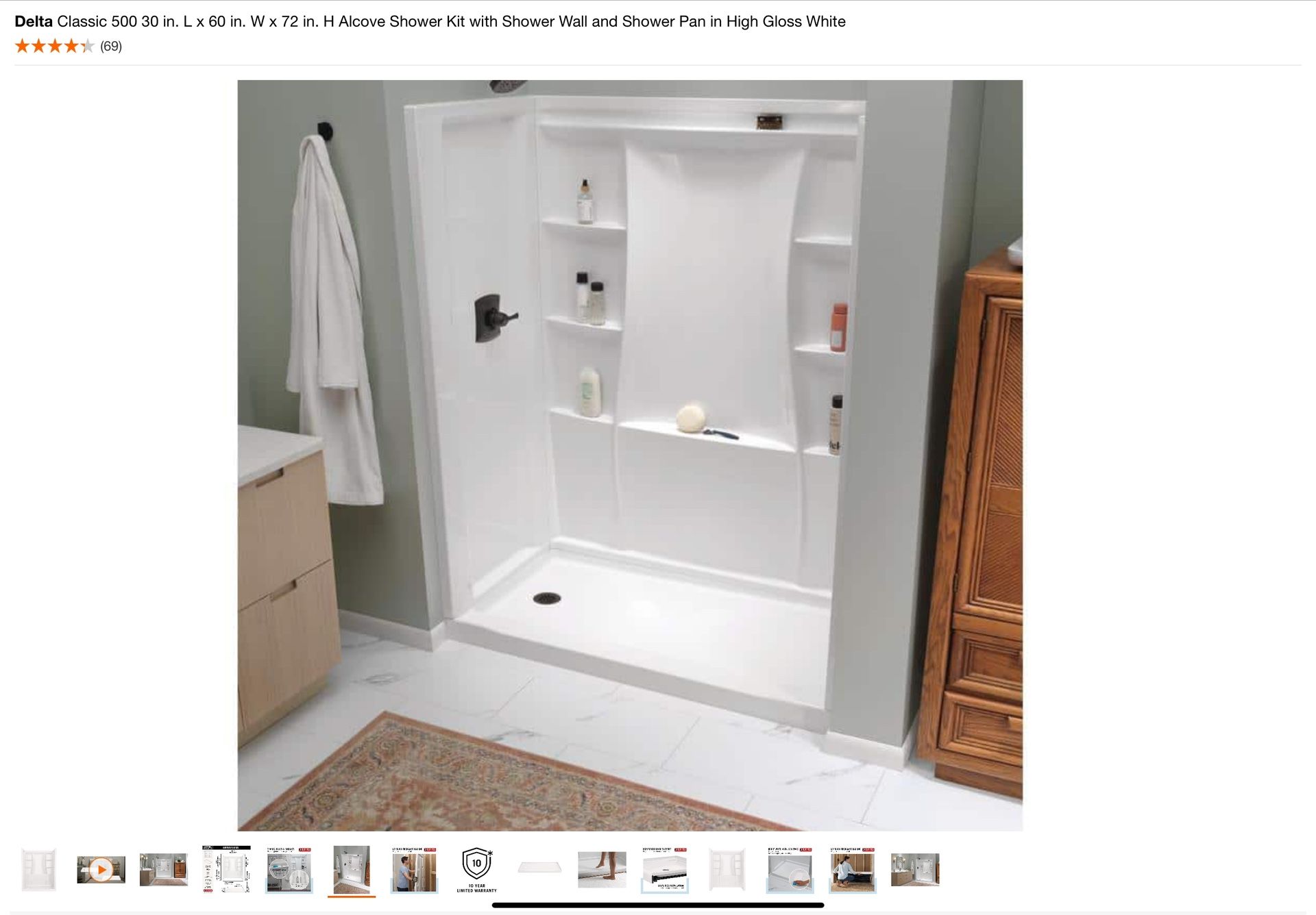 Delta Classic 500 30 in. L x 60 in. W x 72 in. H Alcove Shower Kit with Shower Wall and Shower Pan in High Gloss White Retail $920 Dls Here Only $750