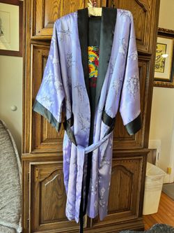 Reversible Satin Kimono Robe with Dragon Embroidery