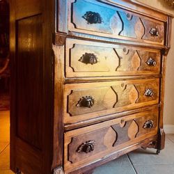 Antique Burled Walnut Chest Of Drawers, sometimes called a Commode because of its shape (larger on top “Step-Back” style).  It’s in exceptionally exqu