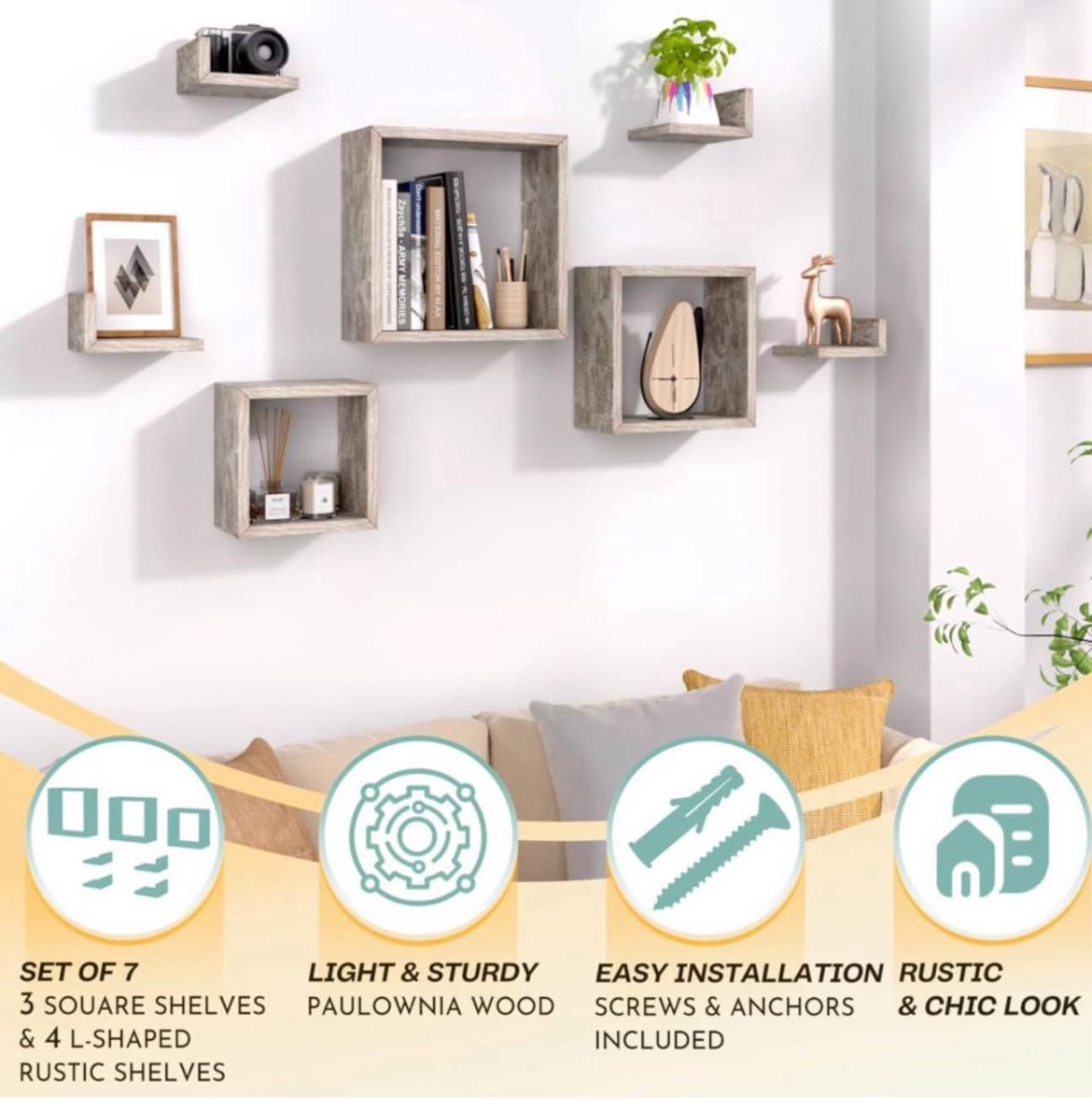Wall Mounted Floating Shelves Set of 7 – 3 Square Shelves & 4 L-Shaped Shelves, Rustic Wall Décor - Grey 