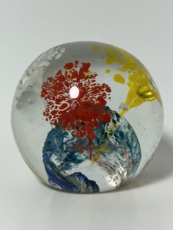 Hand Blown VTG ART  Glass Paperweight Red White Yellow Red  Swirl Flowers