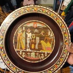 VINTAGE EGYPTIAN WOOD & MOTHER OF PEARL INLAY WOODEN PLATE 