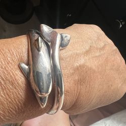Twin Dolphin Cuff Silver Bracelet