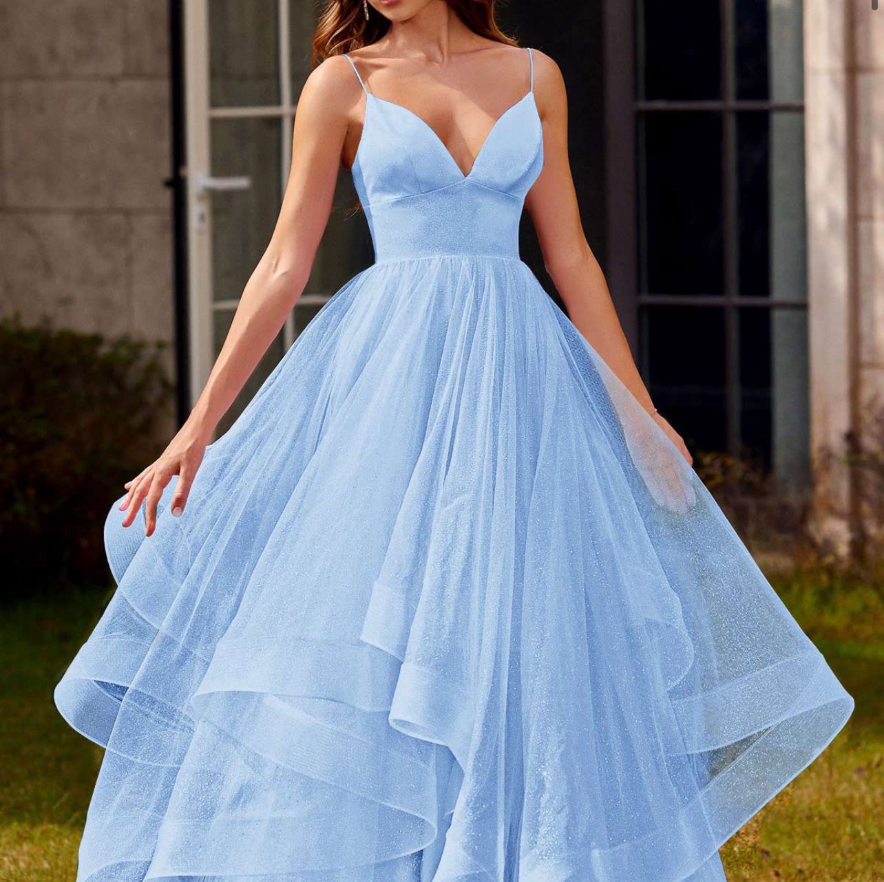 A-line Princess V Neck Floor-Length Tulle Prom Dress with Ruffles Glitter