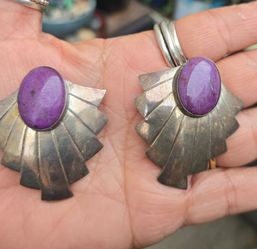 Vintage fan Sterling Silver earrings Charoite Russian stone Culver City area