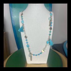 ✨ Boho Turquoise Tassel Charm Necklace – Long Layering Statement Piece ✨