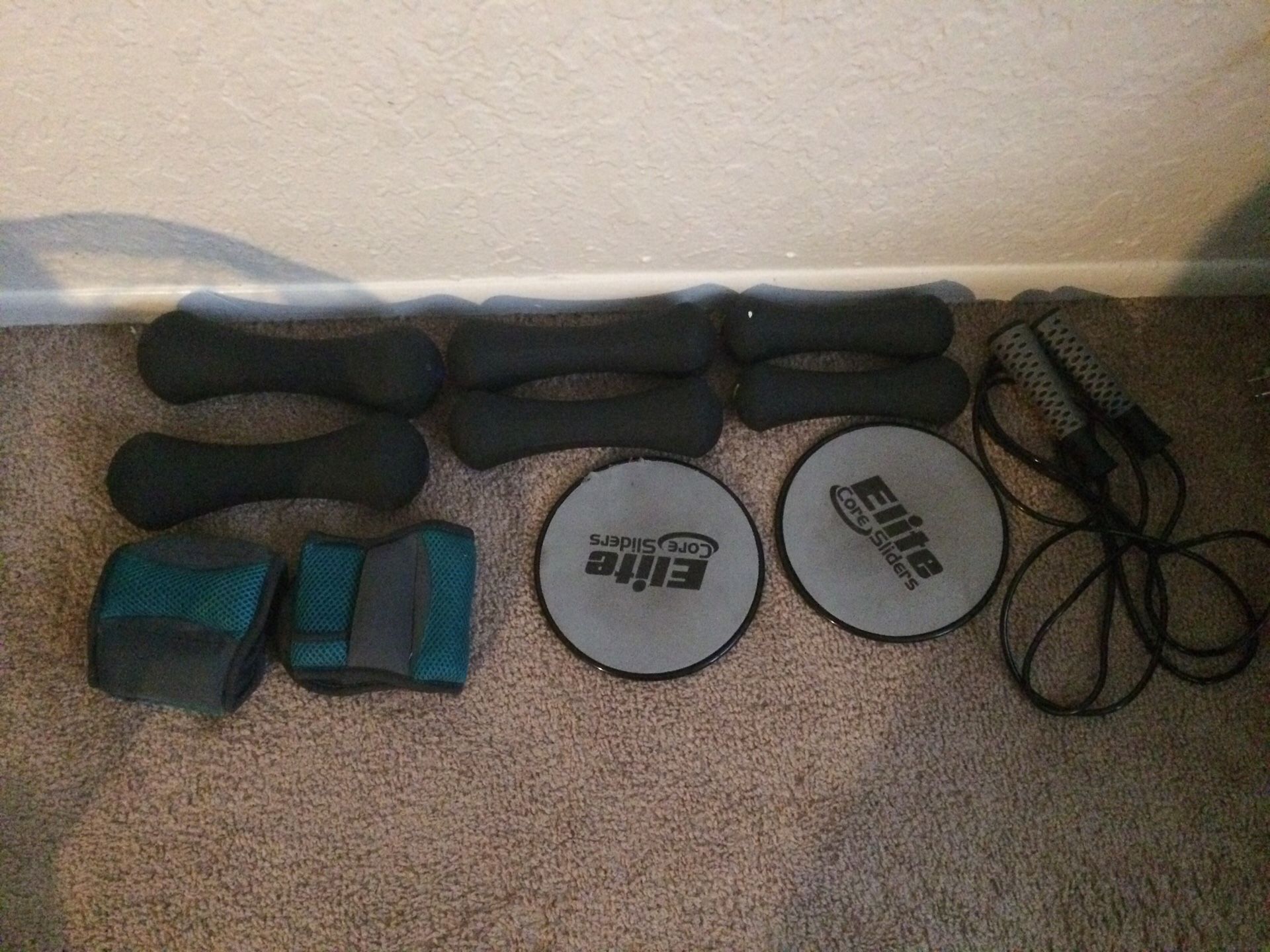 Set of 3 lb, 5 lb, and 8 lb dumbbells with elite core sliders ankle weights , jump rope and manual treadmill