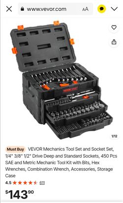 VEVOR Mechanics Tool Set and Socket Set, 1/4" 3/8" 1/2" Drive Deep and Standard Sockets, 450 Pcs SAE and Metric Mechanic Tool Kit with Bits, Hex Wrenc