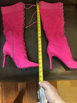 Hot Pink Suede Lace-Up Stiletto Knee-High Boots
