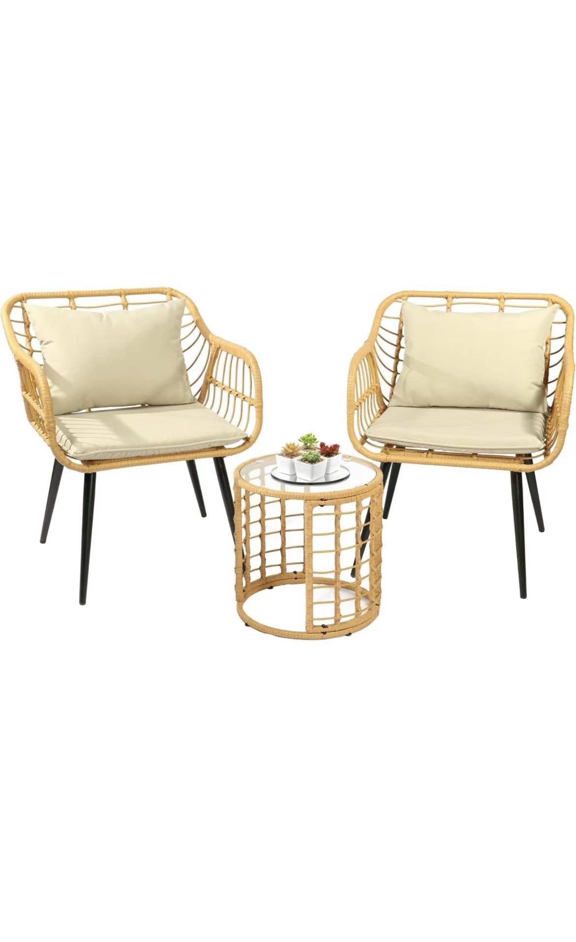 Patio 3-Piece Bistro Sets, Outdoor Wicker Conversation Table and Chairs Set of 2 with Glass Top Side Table and 2 Ergonomic Chairs for Small Porch, Bac