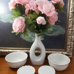 Home Decor: White Open Center Vase With Beautiful Pink Artificial Flowers, 2 Mini Ceramic Cake Stands With Decorative Ruffled/Scalloped Edge For 