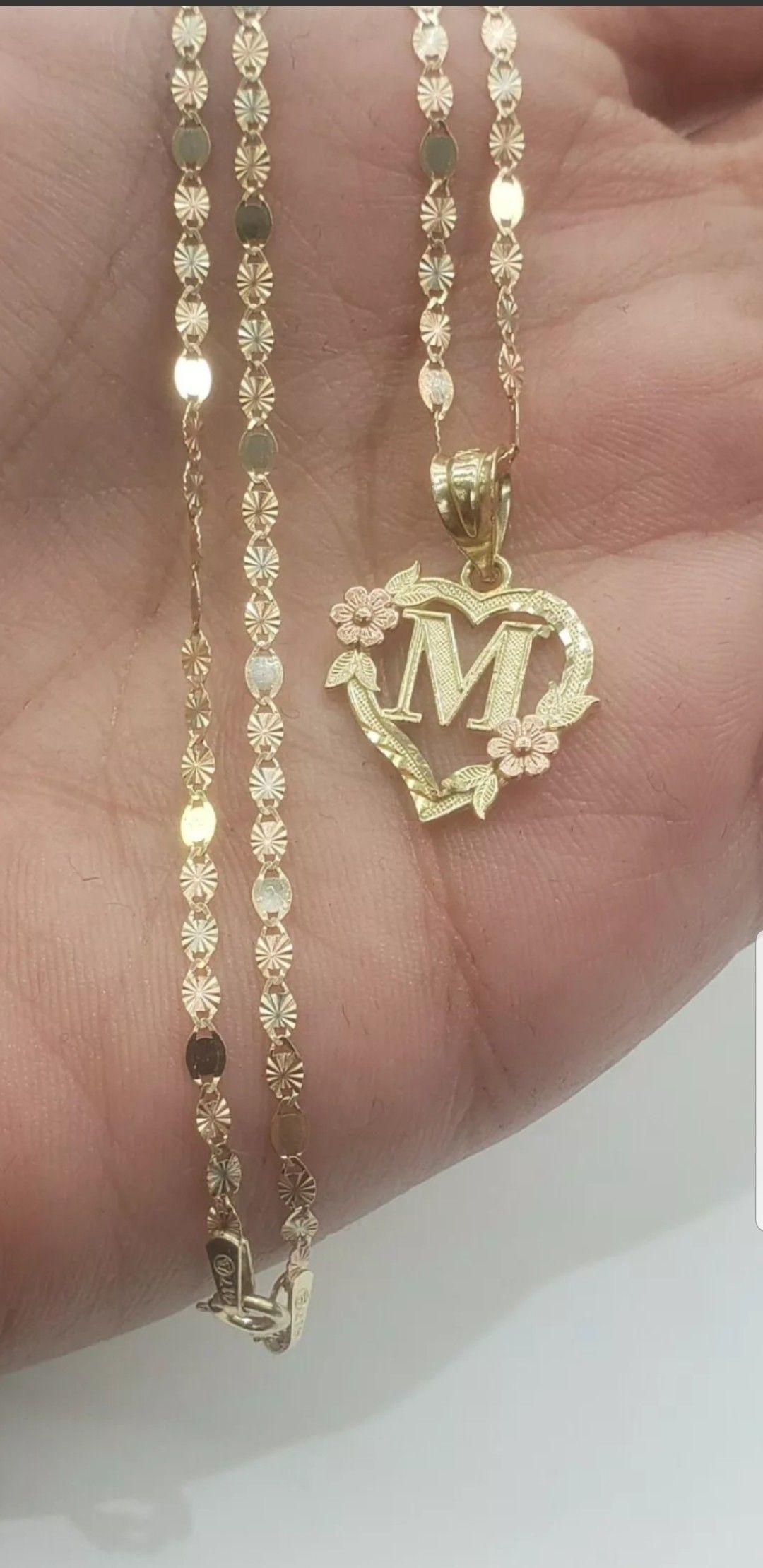 10k Yellow, white and Rose gold 18" chain and M initial letter heart charm