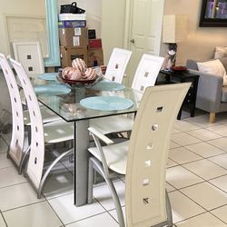 Dining Room Furniture Set $359 🎁🍀 Dining Table And Chairs, White Modern Dining Furniture Set, Glass, Dining Chair, Furniture, Kitchen Furniture. 