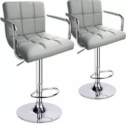 Adjustable Bar Stools with Armrest, Square Back Swivel Double Stitching. Set of 2