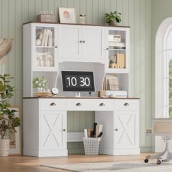 75" Executive Desk with Hutch and Drawers, Computer Desk with Glass Door and Storage Cabinet, 63" W Large Farmhouse Workstation for Home Office Study 