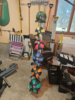 55lbs of medicine balls with stand