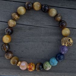 NATURAL Charged 7 Chakra Healing Gold & Brown Tiger Eye Bracelet (Calm Emotions ,Decision & $ Making,Remove Bad Energy,Healer,reduce Anxiety)