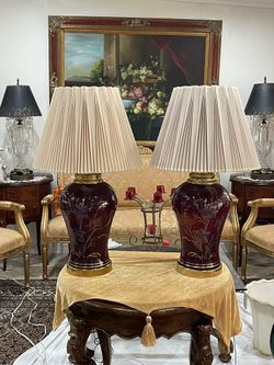 Pair of Gorgeous Vintage Bohemian Cranberry Glass & Brass Lamps in Hand-painted Gold Floral Design🌷
