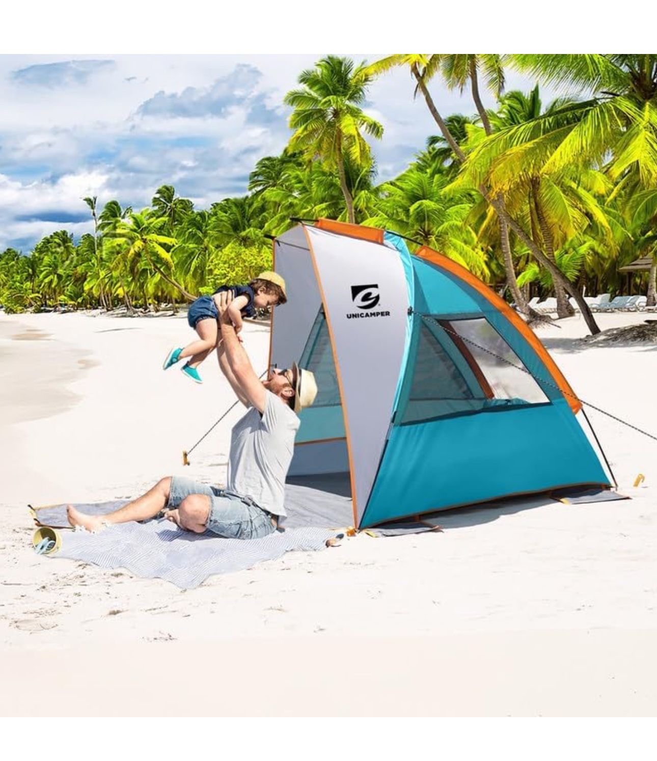 Beach Tent 2-3 Person Sun Shelter UPF 50+ with Extended Waterproof Pe Floor & 3 Mesh Roll Up Windows Fits, Portable Beach Shade Easy Setup for Outdoor