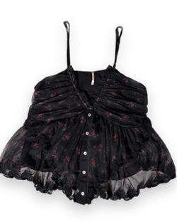Black Floral Ruched Cami Top with Lace Hem