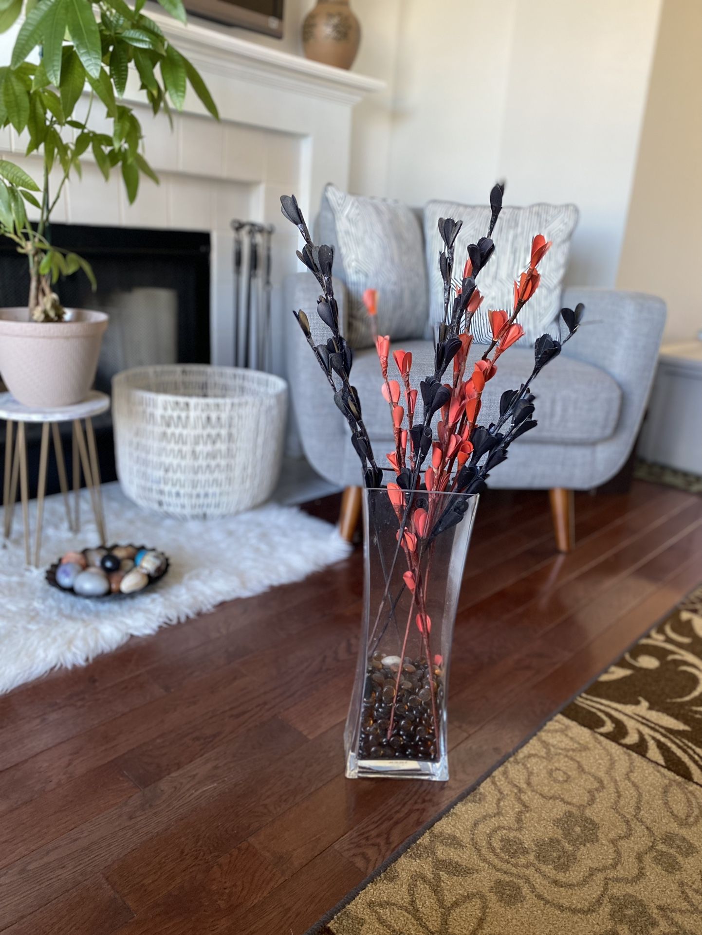 Glass Vase Including Pebbles And Black And Red Artificial Flowers, All For Only $10