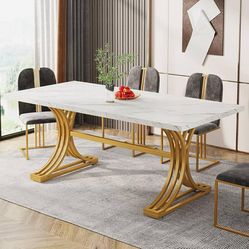 63-Inch Rectangular Dining Table for 4 to 6, Modern Kitchen Tables with Stylish Metal Trestle Legs, Large Dinner Tables for Dining Room, Only Table (W