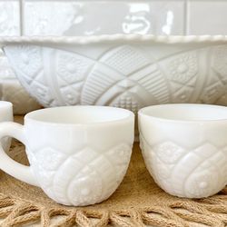 Vintage McKee Concord Early American Pressed Milk Glass Punch Bowl W/Punch Cups Lot(12)