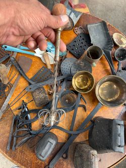 Vintage primitive tools, kitchen, utensils, cowbells