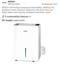 AEOCKY 50 Pint/Day Compressor Dehumidifier, 3500Sq.Ft for Basement, Home, Bedroom, Bathroom, with Drain Hose, 0.8 Gallon Water Tank Capacity, Intellig