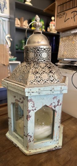 Large primitive, rusty, blue tin and glass lantern 
