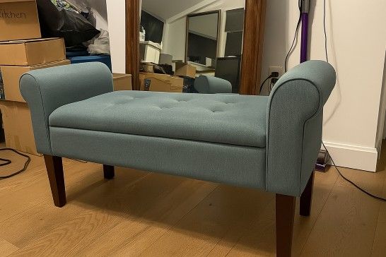 Tufted Blue Storage Bench with Armrests – Soft & Stylish- Need Gone ASAP