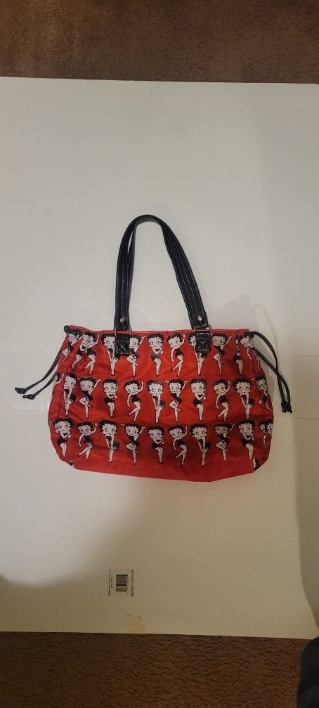 Betty Boop 2008 Red Shoulder Purse W/ Faux Leather Straps and Draw Srings