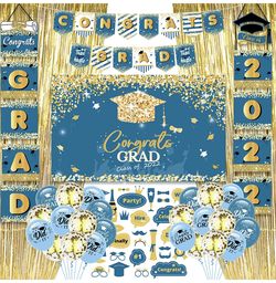Blue and Gold Graduation Party Supplies 2022 Pack Including a Blue Grduation Backdrop, Graduation Banner, 30 Graduation Balloons, Graduation Door Sign
