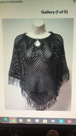 Unbranded Womens Medium Acrylic Black Shawl Sweater Wrap Knit Poncho Fringe Trim