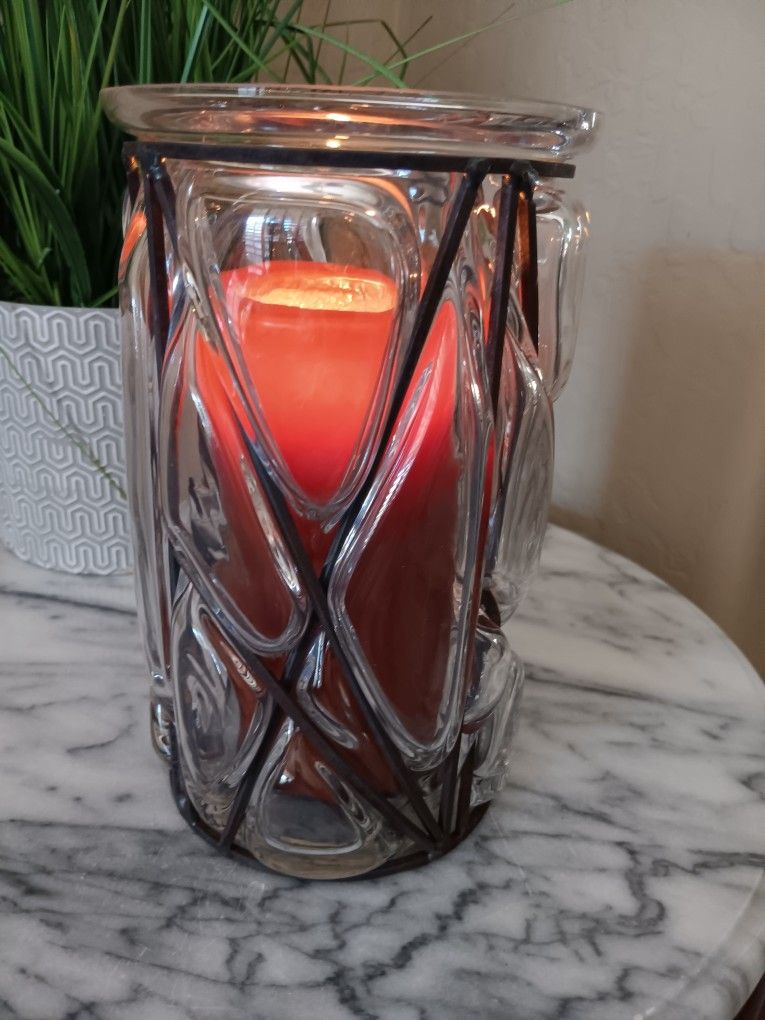 $20 Vintage Caged Hand Blown Glass Hurricane Lamp, Vase, Candle. Art Deco, MCM. Beautiful Piece