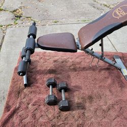 CAPS. 5 POSITIONS ADJUSTABLE BENCH AND A SET OF 30LB HEXHEAD DUMBBELLS TOTAL 60LBs 
7111.S WESTERN WALGREENS 
$110. CASH ONLY AS IS