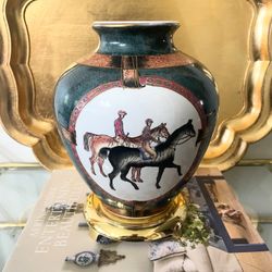 Vtg 9” H Hand Painted Equestrian Scene Decorative Porcelain Vase w/ Solid Brass Riser