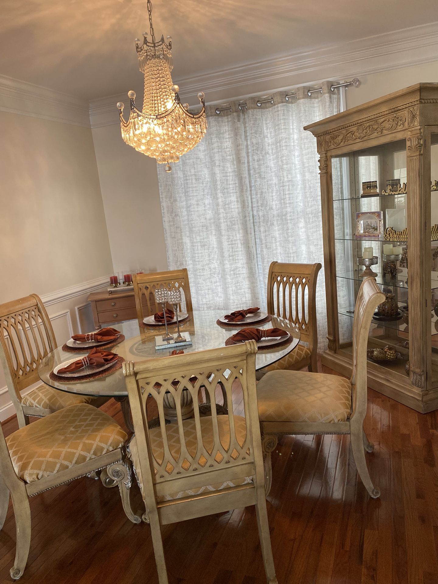 Elegant Hand Crafted Wood Table With Glass Top, 6 Chairs, China Cabinet