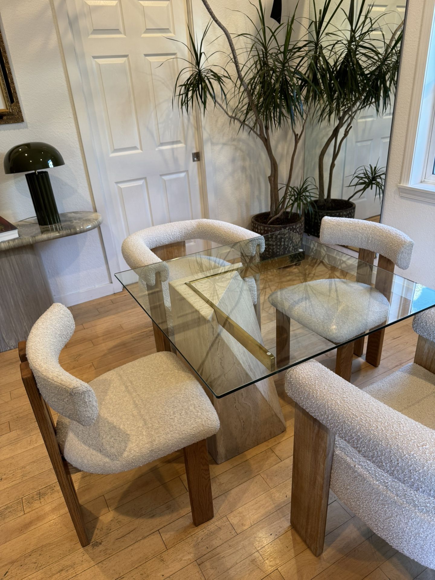 1970s Travertine and brass Glass table