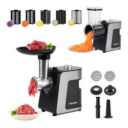 Parmedu Electric Cheese Grater & Meat Grinder: Electric Vegetable Cutter Electric Slicer Shredder Salad Maker - Professional Meat Mincer with 2 Plates