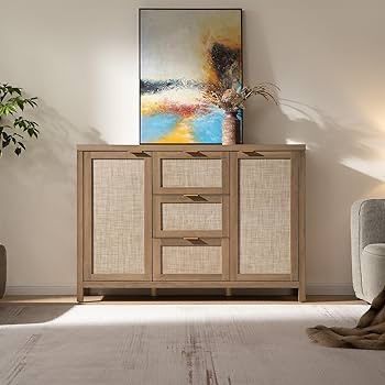 52" Larger Farmhouse Credenza Storage Coffee Bar Cabinet with 3 Drawers & 2 Doors, Boho Console Table for Living Room, Kitchen, Caramel Oak 