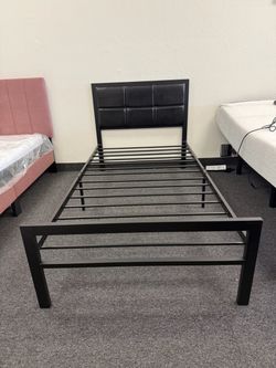 Twin Metal Bed Frame with Upholstered Headboard